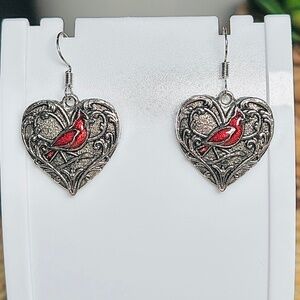 Red Cardinal Metal Heart Dangle Earrings